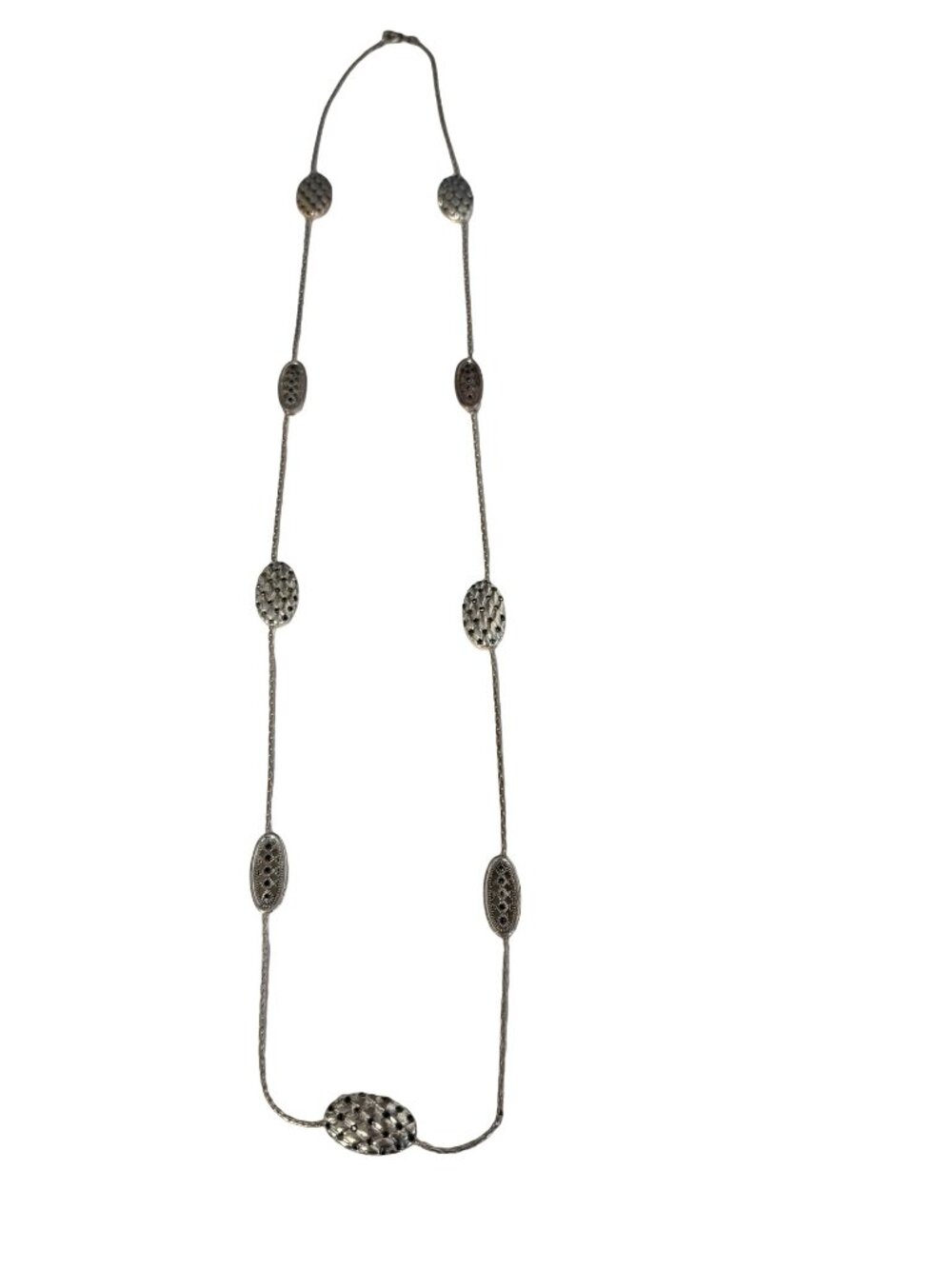 Silver Tone Long Station Necklace Textured Oval Boho Metal 32"